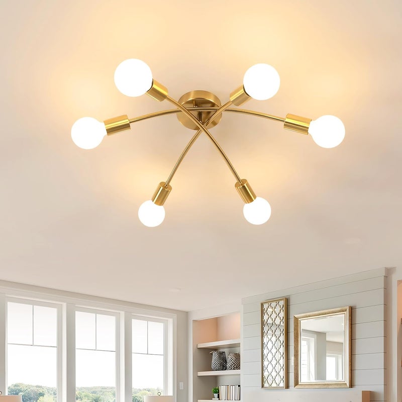 Tea Light Gold Sputnik Ceiling Light Fixture, Modern 6-Light Sputnik Chandelier with 350° Rotatable Arms, E26 Bulb Compatible for Living Room, Bedroom, Dining Room - Stylish Home Decor Lighting - Image 1